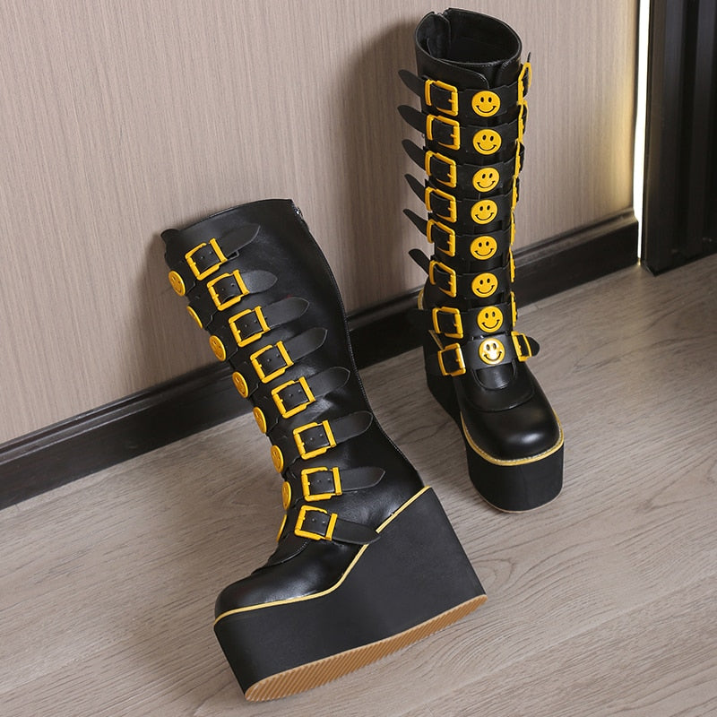 Funki Findz | Boots | Women's Black Yellow Smiley Face Boots