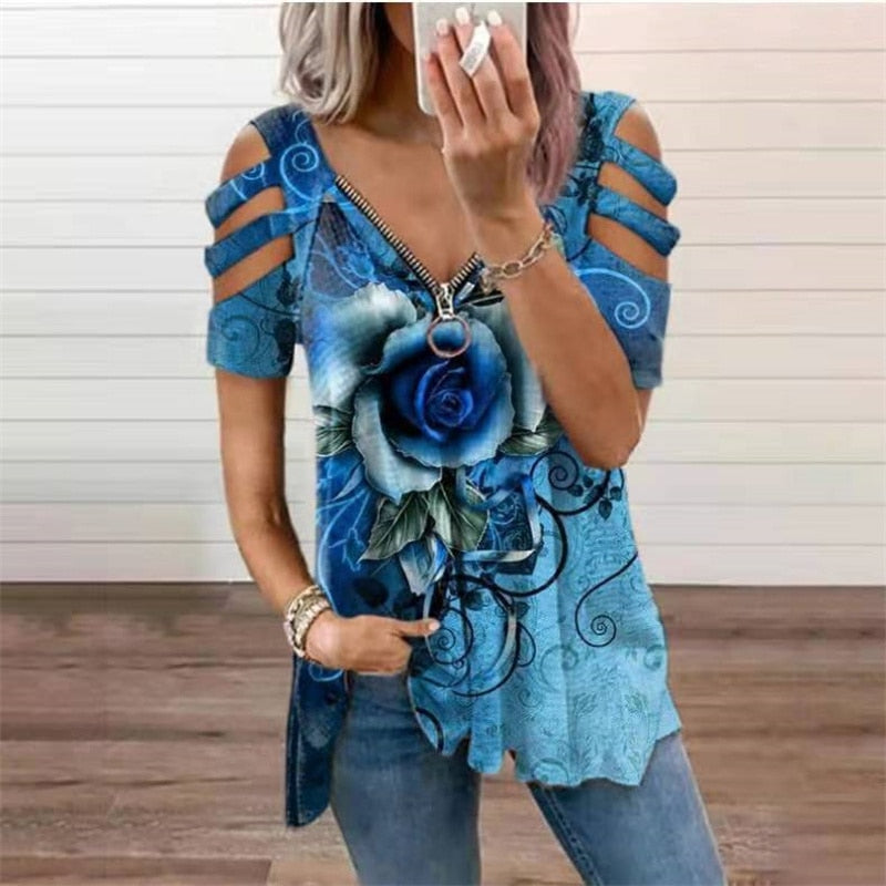 Funki Findz | Shirts | Women's Cross Strap Short Sleeve Zip Shirt