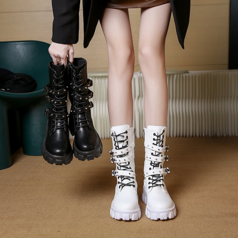 Funki Findz | Boots | Women's Mid-Calf Lace-Up Motorcycle Boot