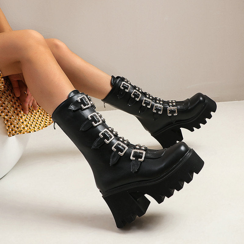 Funki Findz | Boots | Women's Chunky Mid-Calf Buckle Boot