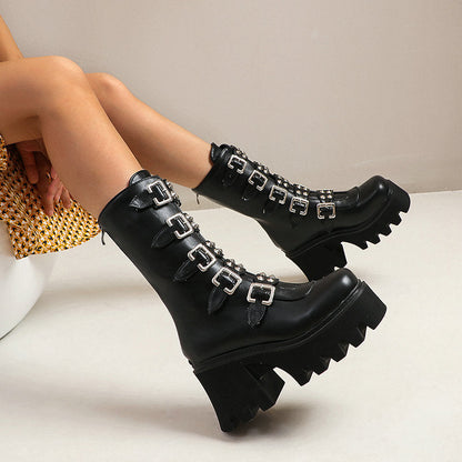 Funki Findz | Boots | Women's Chunky Mid-Calf Buckle Boot