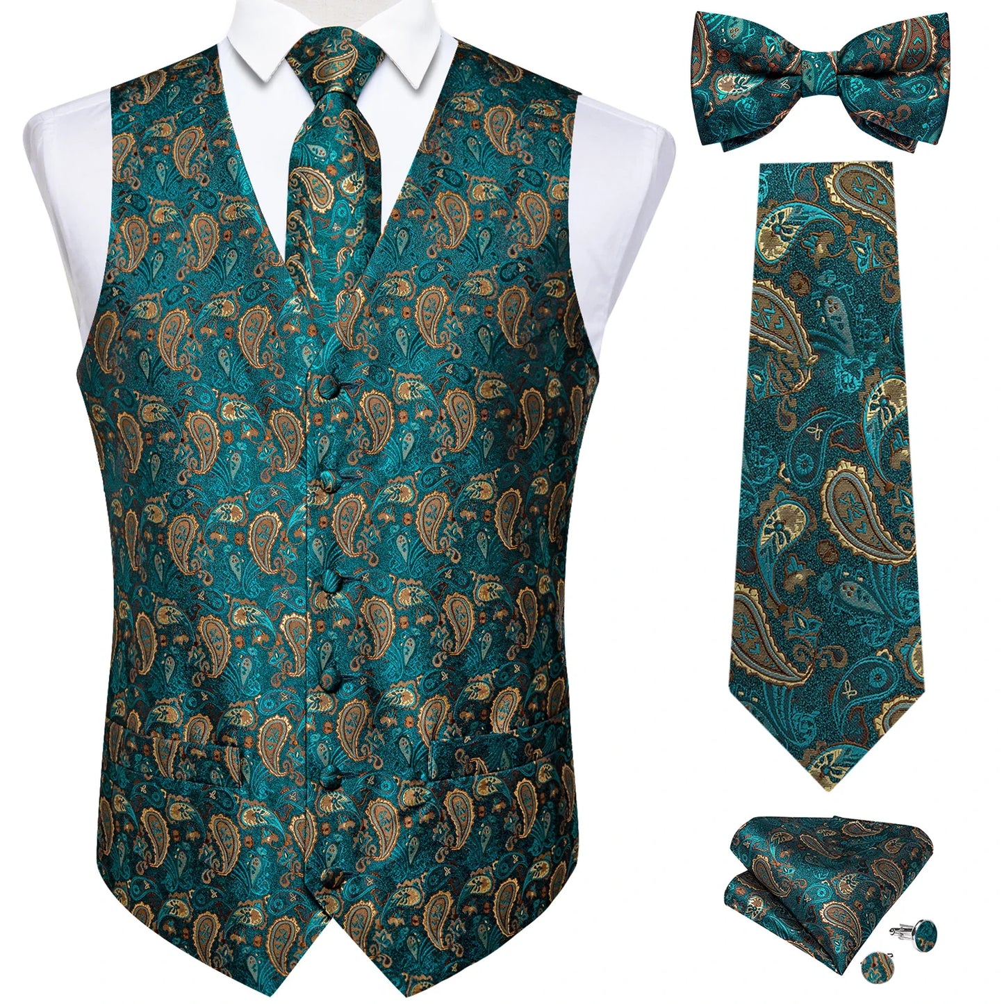 Funki Findz | Vests | Men's Formal 5 Pcs Silk Waistcoat Tie Sets