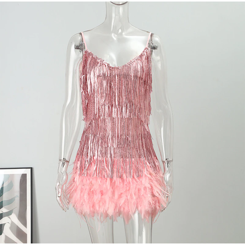 Funki Findz | Dresses | Women's Sequin Feather Fringe Dress