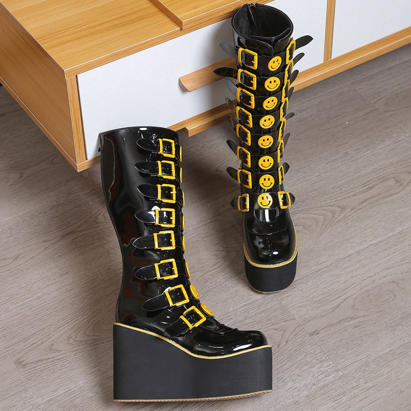 Funki Findz | Boots | Women's Black Yellow Smiley Face Boots