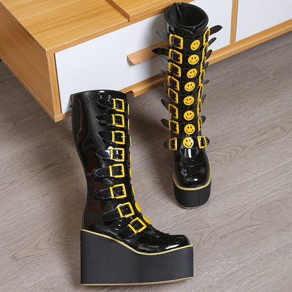 Funki Findz | Boots | Women's Black Yellow Smiley Face Boots