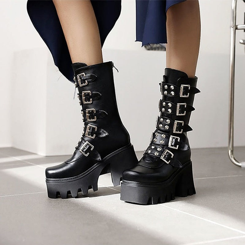 Funki Findz | Boots | Women's Chunky Mid-Calf Buckle Boot