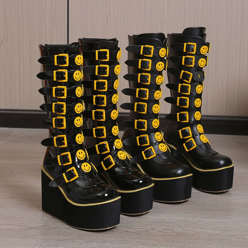 Funki Findz | Boots | Women's Black Yellow Smiley Face Boots