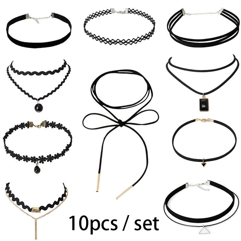 Set of 10 black chokers, each with unique designs. Some have pendants like triangles and rectangles, others feature lace or simple bands. Elegant and varied styles.