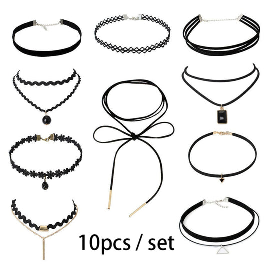 Set of 10 black chokers with various designs, including lace, velvet, and pendants. Stylish, modern feel with geometric and floral accents.