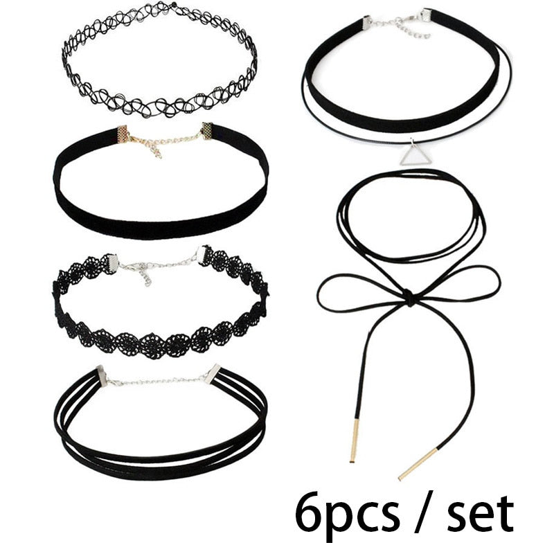 Set of six black chokers displayed on a white background. Styles vary from lace, leather, and bands, creating a trendy and versatile look.