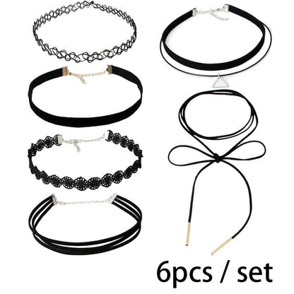 Set of six black chokers displayed on a white background. Styles vary from lace, leather, and bands, creating a trendy and versatile look.