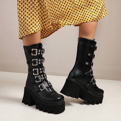 Funki Findz | Boots | Women's Chunky Mid-Calf Buckle Boot