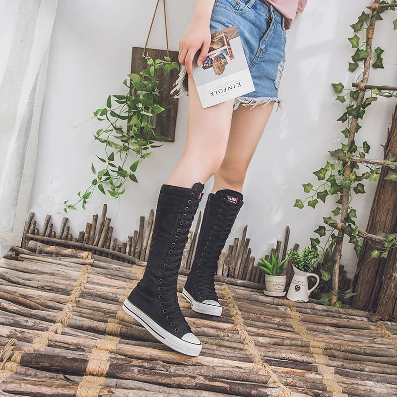 Funki Findz | Boots | Women's Long Lace Up Zipper Canvas Boot