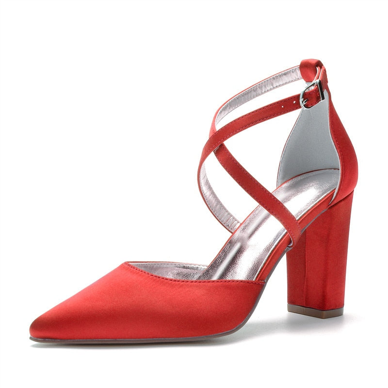 Funki Findz | Shoes | Women's Cross Strap Satin Block Heels