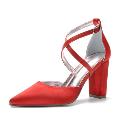 Funki Findz | Shoes | Women's Cross Strap Satin Block Heels