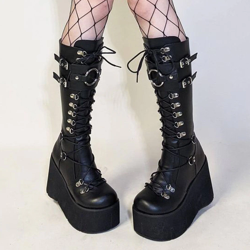 Funki Findz | Boots | Women's Goth Lace Up Platform Wedges