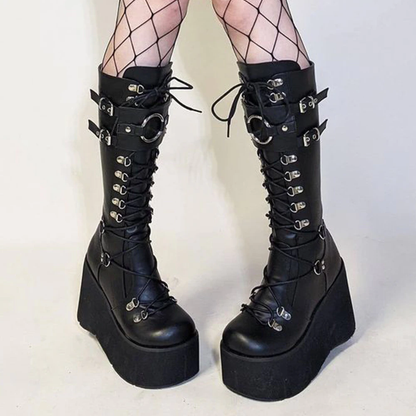 Funki Findz | Boots | Women's Goth Lace Up Platform Wedges