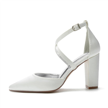 Funki Findz | Shoes | Women's Cross Strap Satin Block Heels