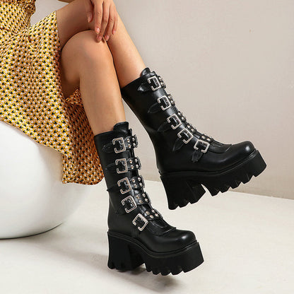 Funki Findz | Boots | Women's Chunky Mid-Calf Buckle Boot
