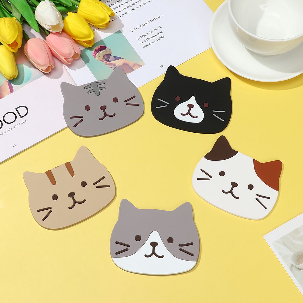 Funki Findz | Coasters | Cute Cartoon Cat Face Cup Mats 6 Pcs