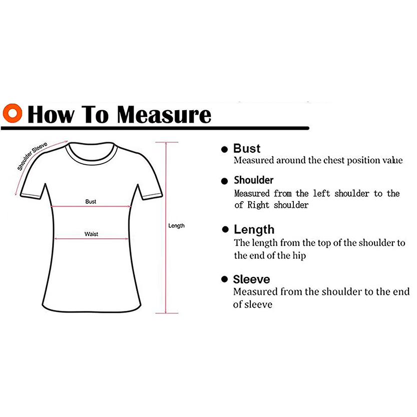 Illustration showing a T-shirt with measurement guidelines for bust, shoulder, length, and sleeve. Helpful guide for sizing.
