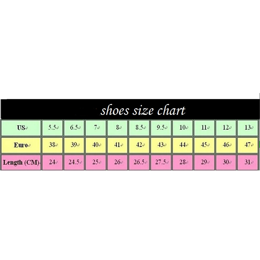 Shoe size chart displaying US sizes, corresponding Euro sizes, and length in centimeters arranged in a grid format.