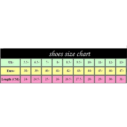 Shoe size chart displaying US sizes, corresponding Euro sizes, and length in centimeters arranged in a grid format.