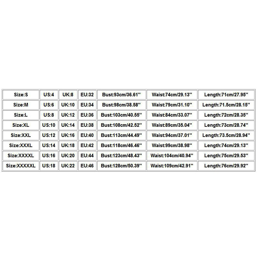 Size chart with rows for sizes S to XXXXXL, showing US, UK, EU conversions, plus bust, waist, and length measurements in centimeters and inches.