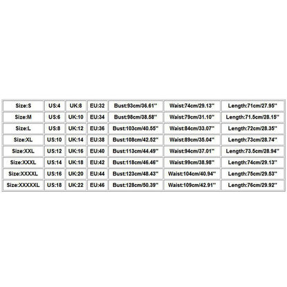 Size chart with rows for sizes S to XXXXXL, showing US, UK, EU conversions, plus bust, waist, and length measurements in centimeters and inches.