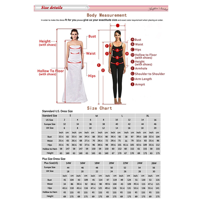 Size chart and body measurement guide for dresses. Includes illustrated instructions for measuring bust, waist, hips, and height. Tables provide U.S., European, and UK dress sizes for standard and plus sizes. Tone is informative and instructional."