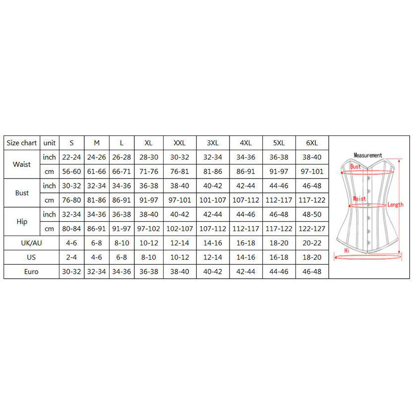 Size chart for corsets featuring columns for sizes S to 6XL. Includes waist, bust, and hip measurements in inches and centimeters. Simple corset diagram shows measurement areas.