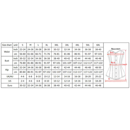 Size chart for corsets featuring columns for sizes S to 6XL. Includes waist, bust, and hip measurements in inches and centimeters. Simple corset diagram shows measurement areas.