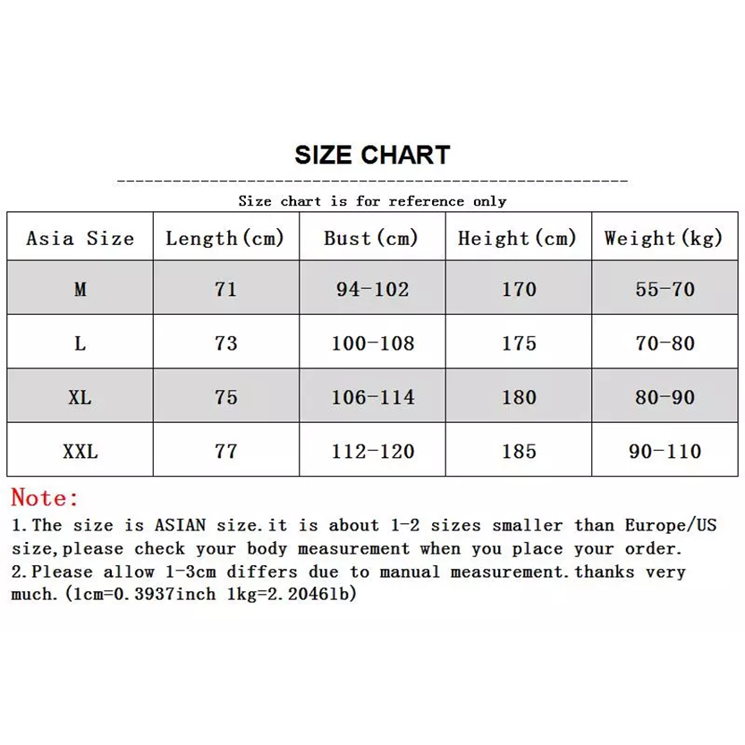 Size chart displaying Asian sizes M, L, XL, and XXL with measurements for length, bust, height, and weight guidelines.