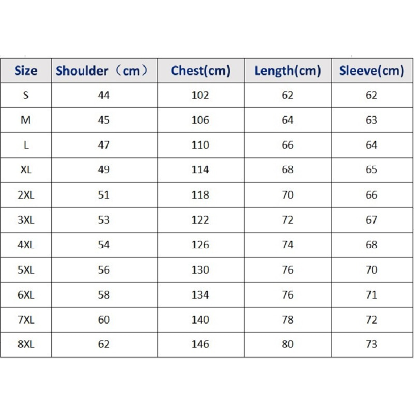 Size chart for shirts, displaying sizes S to 8XL with measurements in centimeters for shoulder width, chest, length, and sleeve length.