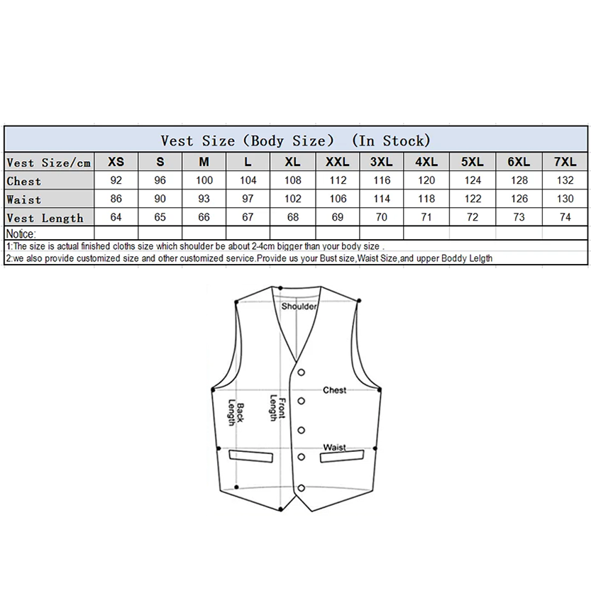 Size chart for vests showing measurements in centimeters, detailing chest, waist, vest length, and customization options.