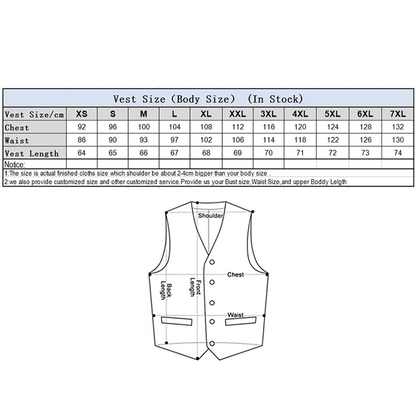 Size chart for vests showing measurements in centimeters, detailing chest, waist, vest length, and customization options.
