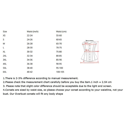 Sizing chart for corsets with waist measurements in inches and centimeters from XS to 6XL. Includes a corset diagram and sizing notes below.