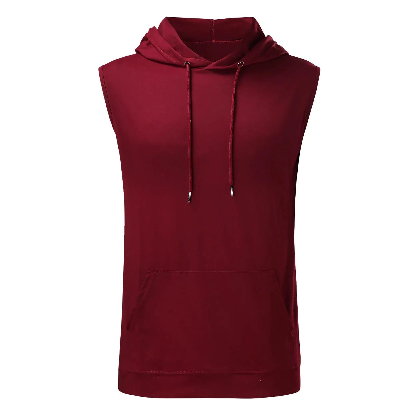 Sleeveless maroon hooded top with drawstrings and a front pocket. Casual and sporty look, conveying a relaxed and stylish tone.