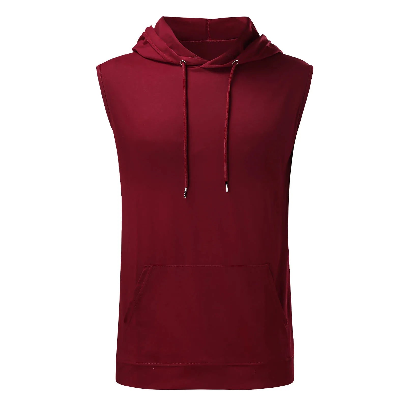 Sleeveless maroon hooded top with drawstrings and a front pocket. Casual and sporty look, conveying a relaxed and stylish tone.