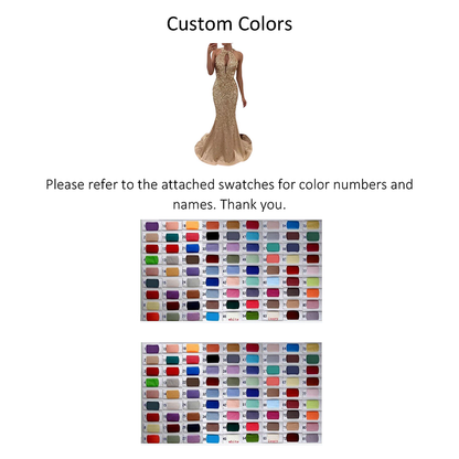 A glittering evening gown is displayed above a message directing viewers to color swatches for custom color options. Two grids of swatches show various hues with numbered labels, offering a variety of vibrant colors for customization.