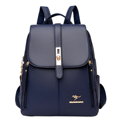 Stylish navy blue backpack with a gold clasp and zipper accents, featuring dual straps and a logo emblem on the lower front.