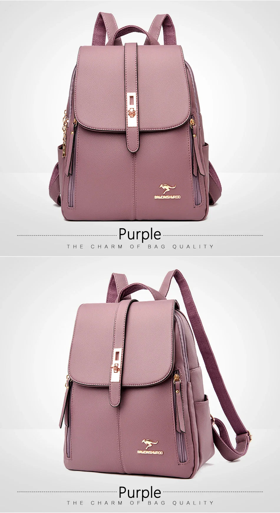 Stylish purple backpack with a sleek design, gold accents, and adjustable straps, showcasing elegance and quality.