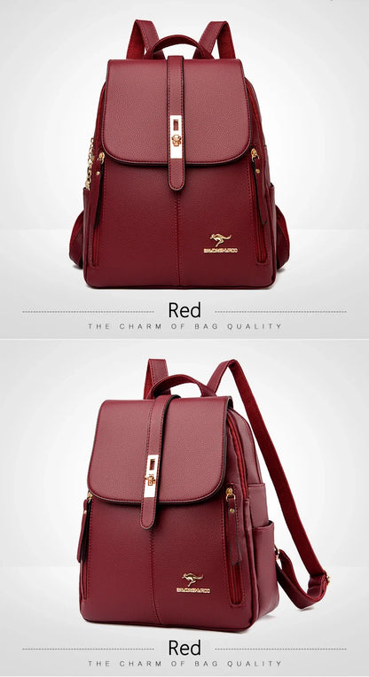Stylish red backpack with a sleek design, gold accents, and dual shoulder straps, showcasing quality craftsmanship.