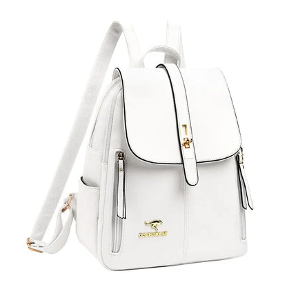 Stylish white leather backpack with gold accents, featuring a flap closure and multiple zip pockets for organization.