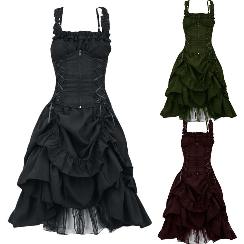 Three elegant Gothic Victorian dresses with ruffled tiers and corset bodices in black, dark green, and maroon, conveying a vintage, dramatic style.