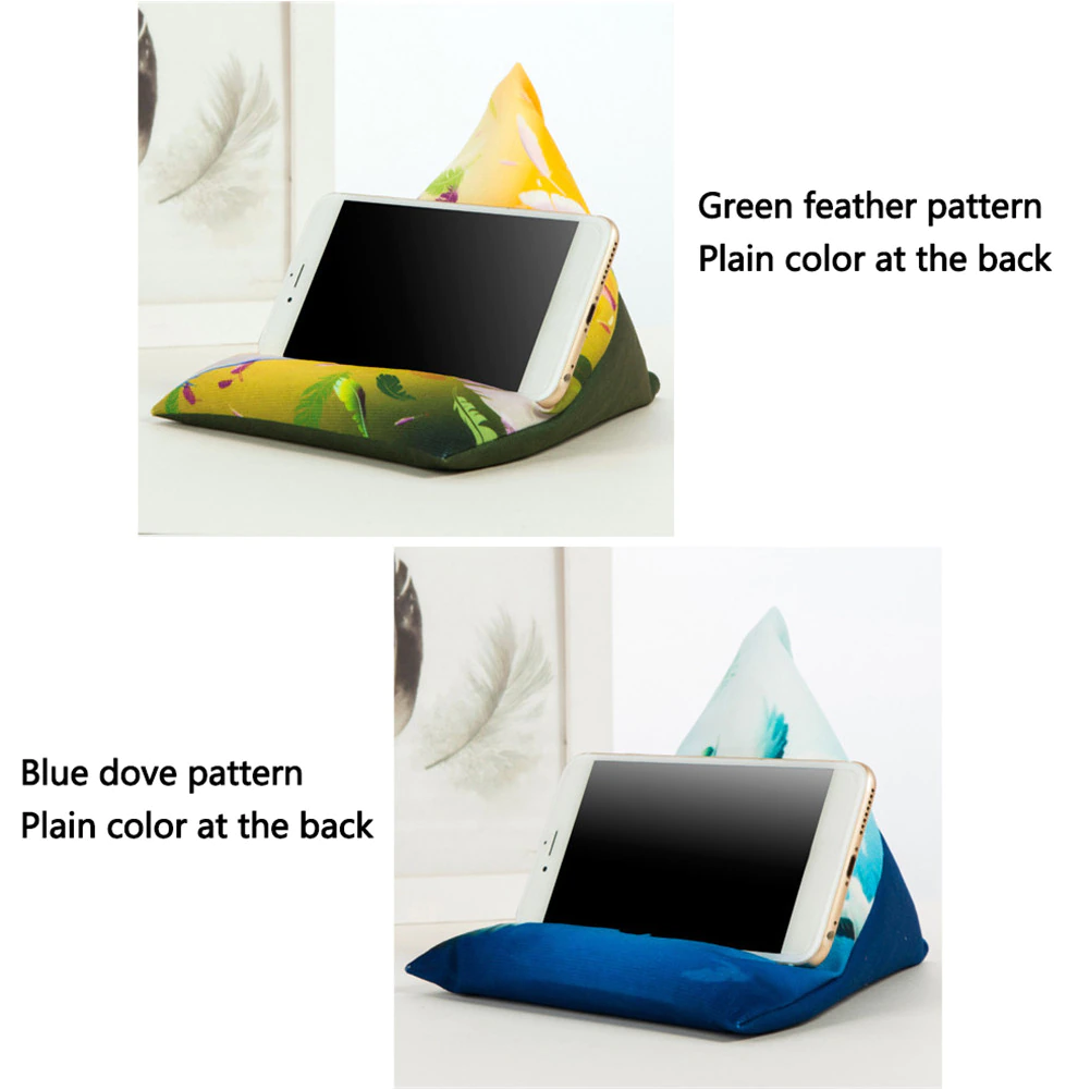 Two phone holders: one with a green feather pattern and one with a blue dove pattern, both showcasing plain backs.