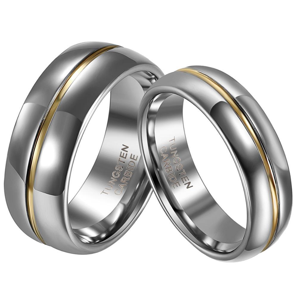 Two tungsten carbide rings with a sleek silver finish and a central gold stripe, symbolizing unity and elegance. Rings display "Tungsten Carbide" text inside.