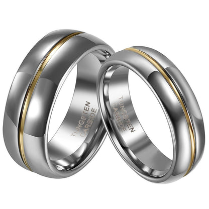 Two tungsten carbide rings with a sleek silver finish and a central gold stripe, symbolizing unity and elegance. Rings display "Tungsten Carbide" text inside.