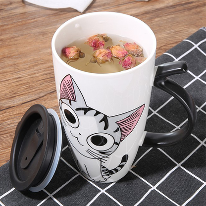 Funki Findz | Mugs | Large Ceramics Cat Mug | Spoon Lid | 20oz