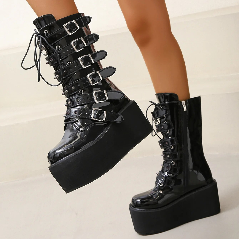 Funki Findz | Boots | Women's Buckle Strap Wedge Biker Boots